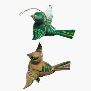 Wooden Bird Ornament Clip Green Yellow Hand Painted Vintage 1950 Lot 2